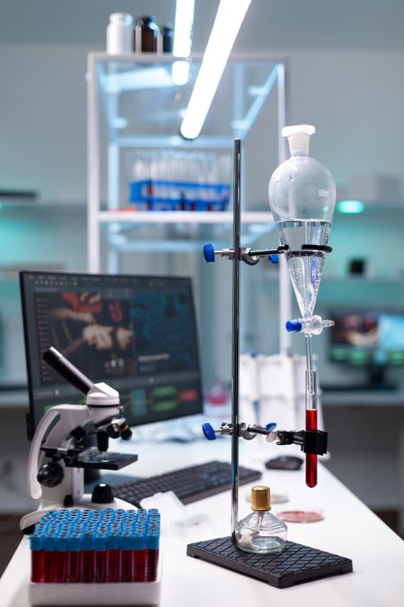 laboratory equipment test tube with blood healthcare development chemical dripping pipe with glass flask analysis biochemistry lab clinic professional instruments