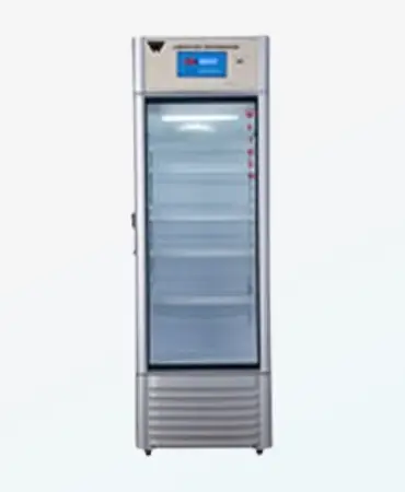 Microprocessor-controlled laboratory refrigerator featuring forced air circulation, maintaining a consistent +2°C to +6°C temperature range for optimal sample storage. CE, ISO certified
