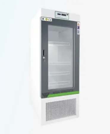 Microprocessor-controlled medical refrigerator featuring forced air circulation, maintaining a consistent +2°C to +6°C temperature range for optimal sample storage. CE, ISO certified