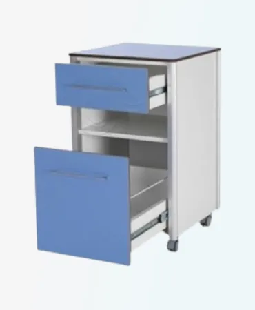 NM-7001 Hospital Bedside Cabinet. Durable wood & aluminum, spacious drawers (100mm & 200mm). Secure storage for medical supplies.