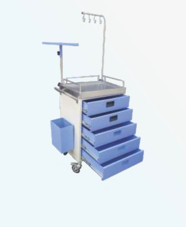 Emergency Medicine Trolley MP - 548.  The transparent and lockable bins. Mild steel frame work with five draws for medicine