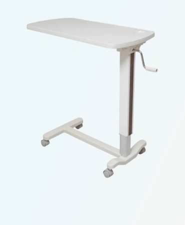 NM-8002 Overbed Table. Adjustable height & angle, HPL board top. Easy access, patient comfort in hospitals.