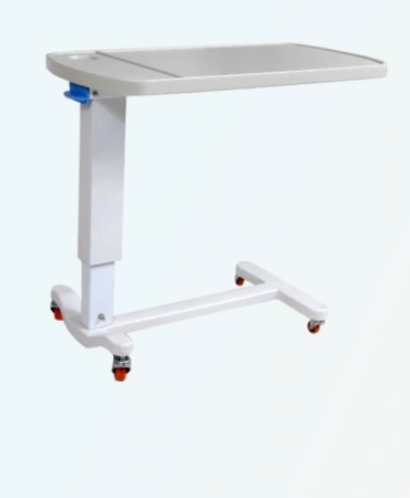 NM Enterprises NM-8004 Overbed Table. Adjustable height, laminate top, stainless steel frame. Hospital-grade support for patient comfort.