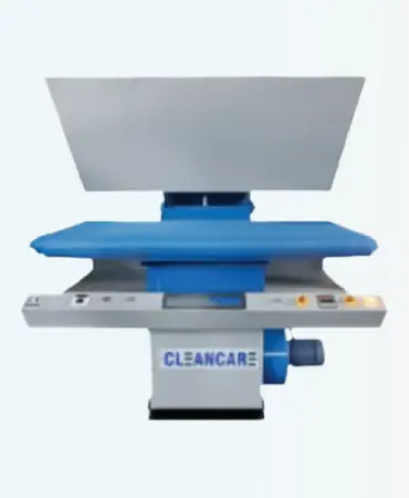 CLEANCARE Flat Bed Press. Air-powered bed, moisture control, Teflon head. Perfect for sheets, linens, towels. Auto settings, low energy. Electric/steam heat.